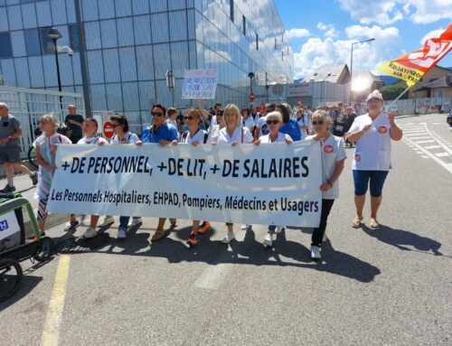 ça lutte en Savoie: plus de salaires, plus d’emplois, plus de lits pour l’Hôpital Public. manifestation interpro le 07/6/22